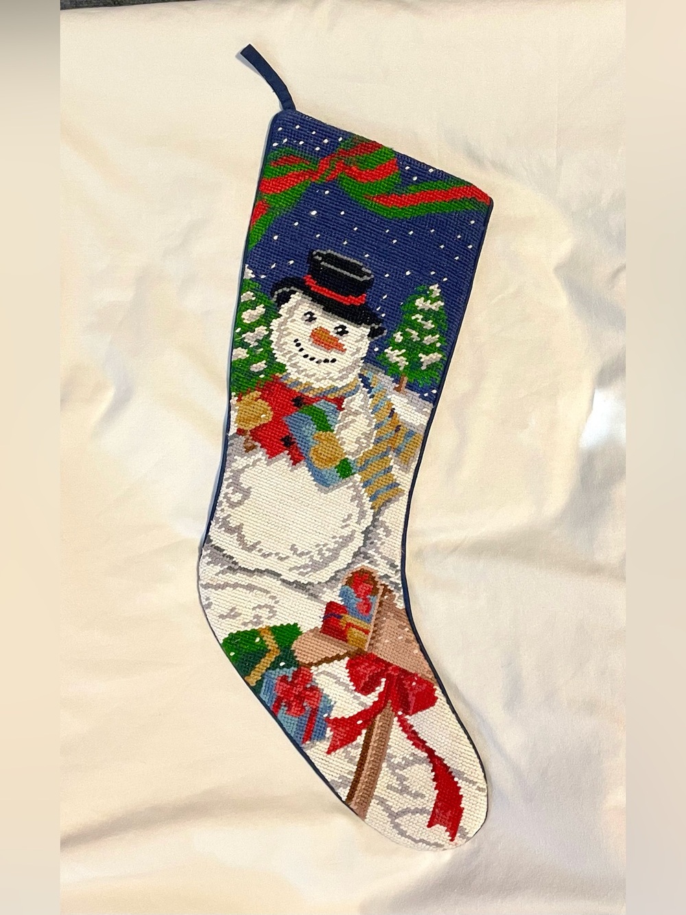 VTG Christmas Needlepoint Stocking - Snowman At The Mailbox -Blue Velvet Backing
